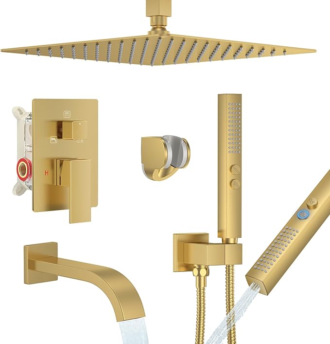 Brushed Gold Shower System with Tub Spout, Ceiling Mounted Bathtub Shower Faucet Set, 12" Rainfall Shower Head and Handheld Shower Combo, High Pressure Shower Fixtures Set with Rough-in Valve