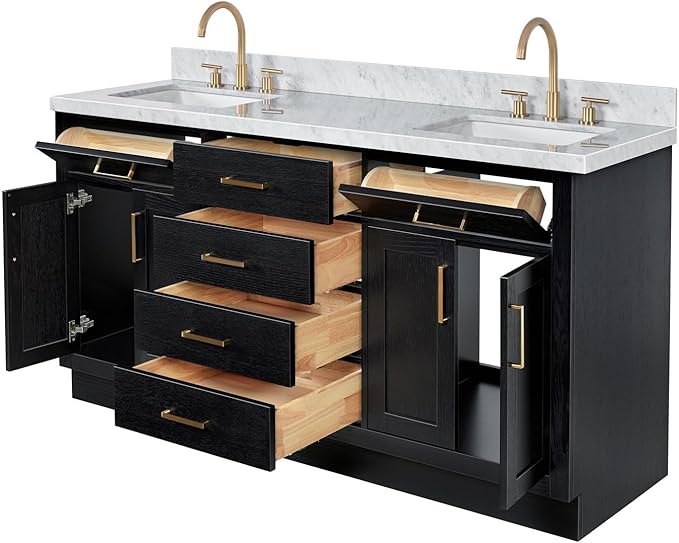 ARIEL Hepburn 66-inch Bathroom Vanity with Sink,Solid Wood, 1.5-inch Italian Carrara Marble Countertop, Double Rectangular Porcelain Sink, 4 Soft Closing Doors, 6 Dovetail Drawers, Black Oak