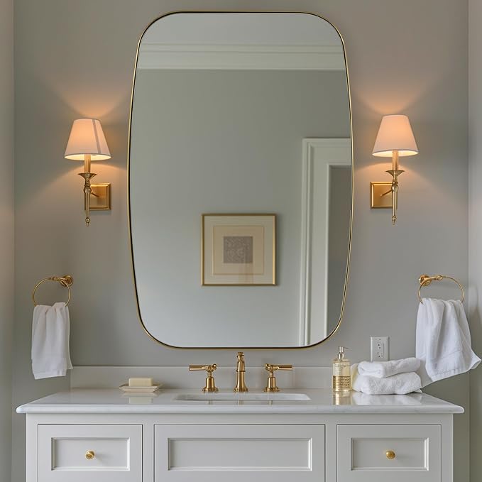 32x48 Gold Bathroom Mirror, Oblong Brass Mirror with Stainless Steel Metal Frame, Brushed Gold Oval Vanity Mirror for Over Sink, Modern Anti Rust Wall Mounted