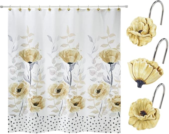 Avanti Linens - Shower Set, Fabric Shower Curtain & 12pc Shower Hooks, Chic Home Decor (Marielle Collection, Yellow)