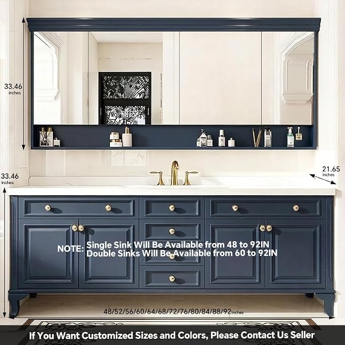 48-92IN Single/Double Sink Bathroom Vanity, Defogging Smart Mirror, Modern American Free Standing Vanity with Bathroom Cabinet