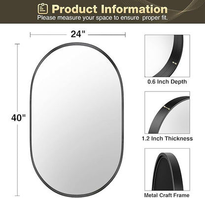 Brightify Black Oval Mirror for Bathroom 24x40 Inch, Matte Black Vanity Mirrors for Wall Metal Frame, Modern Wall Mirror for Bedroom Living Room Wall Decorative Hang Vertical and Horizontal