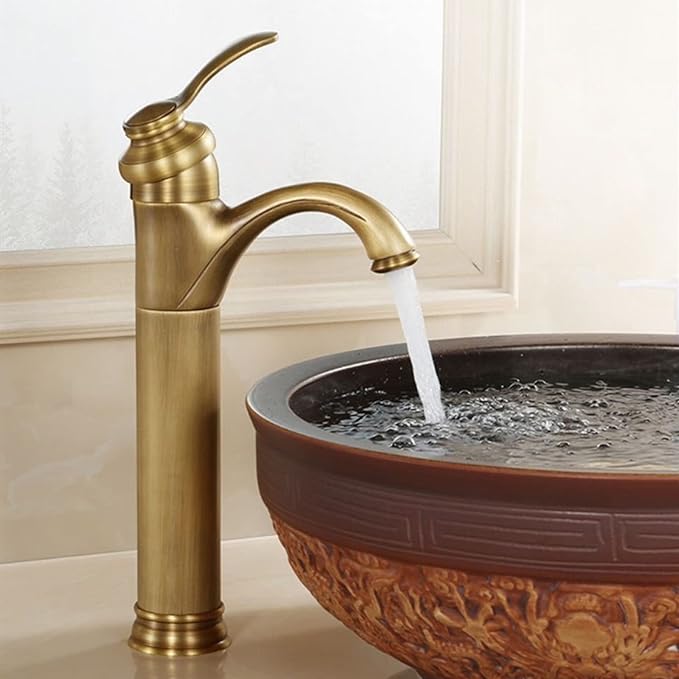 Vintage Bathroom Faucet, Cold Hot Mixer Vanity Tap, Single Hole, Antique Brass High, Gold(Antique)