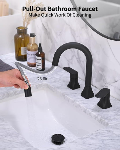 Bathroom Faucet 3 Hole with Pull Out Sprayer, 8 Inch Widespread Bathroom Faucet, Magnetic Pull Out Faucet for Easy to Use, Matte Black (with Pop-up Drain)