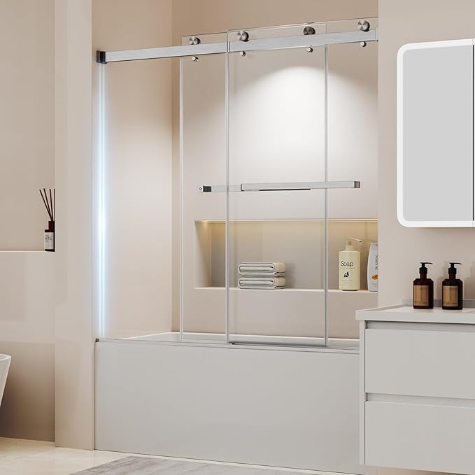 Frameless Sliding Bathtub Shower Door 60" W x 60" H, 1/4" (6mm) Clear Tempered Glass Tub Shower Door, Double Sliding Glass Shower Door with Full Stainless Steel Hardware, Brushed Nickel