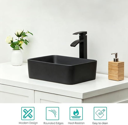 16"x12" Vessel Sink Rectangle - Modern Above Matte Black Porcelain Ceramic Bathroom Vessel Vanity Sink Bowl Art Basin