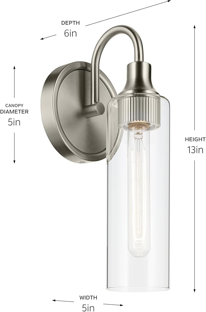 Kichler Kavi 5" 1-Light Wall Sconce with Clear Glass in Brushed Nickel, Damp Rated, for Bathroom, Powder Room, Kitchen, Hallway, Bedroom, Fireplace, (5" W x 13" H), 55209NI