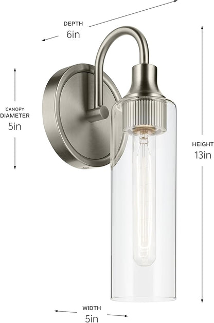 Kichler Kavi 5" 1-Light Wall Sconce with Clear Glass in Brushed Nickel, Damp Rated, for Bathroom, Powder Room, Kitchen, Hallway, Bedroom, Fireplace, (5" W x 13" H), 55209NI