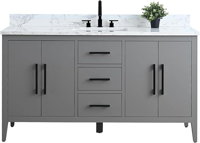 Vanity Art 60 inch Bathroom Vanity with Single Sink & Ceramic Top, Vanity Cabinet with Soft-Closing Doors, Drawers, Solid Wood Frame, Cashmere Gray, VA9060-SG-BN1