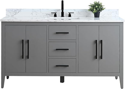 Vanity Art 60 inch Bathroom Vanity with Single Sink & Ceramic Top, Vanity Cabinet with Soft-Closing Doors, Drawers, Solid Wood Frame, Cashmere Gray, VA9060-SG-BN1