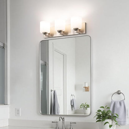 mirrea 22-inch 3-Light Brushed Nickel Vanity Light Fixture for Mirror, Bathroom Wall Sconce with Frosted White Glass Shades