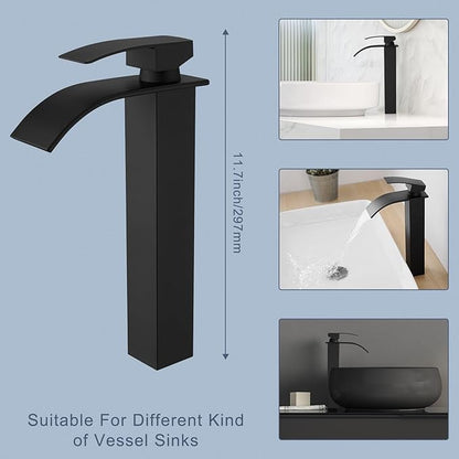 RUMOSE Tall Bathroom Faucet Matte Black Vessel Sink Faucet with Pop Up Drain Modern Single Handle One Hole Waterfall Vanity Tap, Stainless Steel
