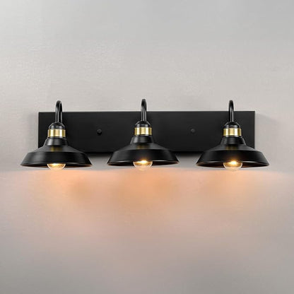 Globe Electric 63000199 24" 3-Light Vanity Light, Matte Black, Brass Accents, Exposed Bulb, Bathroom/Makeup Mirror, Wall Light