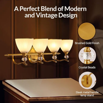 Brushed Gold Vanity Light, 4-Light Bathroom Light Fixtures, Vintage Wall Lamp with Bell Shaped Frosted Lampshade, 27.8 Inch Bathroom Lighting Fixtures Over Mirror, (Bulbs Not Included)
