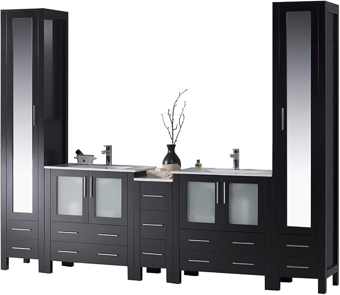 Blossom 102" Double Bathroom Vanity Set with 2 Linen Towers & Side Cabinet - Solid Wood Master Suite Furniture - Espresso Finish, Dual Ceramic Sinks, Soft-Close Storage - High-End Modular Collection