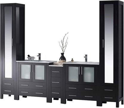 Blossom 102" Double Bathroom Vanity Set with 2 Linen Towers & Side Cabinet - Solid Wood Master Suite Furniture - Espresso Finish, Dual Ceramic Sinks, Soft-Close Storage - High-End Modular Collection