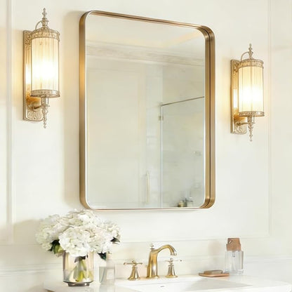 USHOWER Gold Bathroom Mirror 22"x30", Brushed Gold Rectangle Mirror for Over Sink, Aluminum Frame, Anti-Rust, Tempered Glass, Horizontal or Vertical Mounted, Champagne Gold (Neutral Gold)