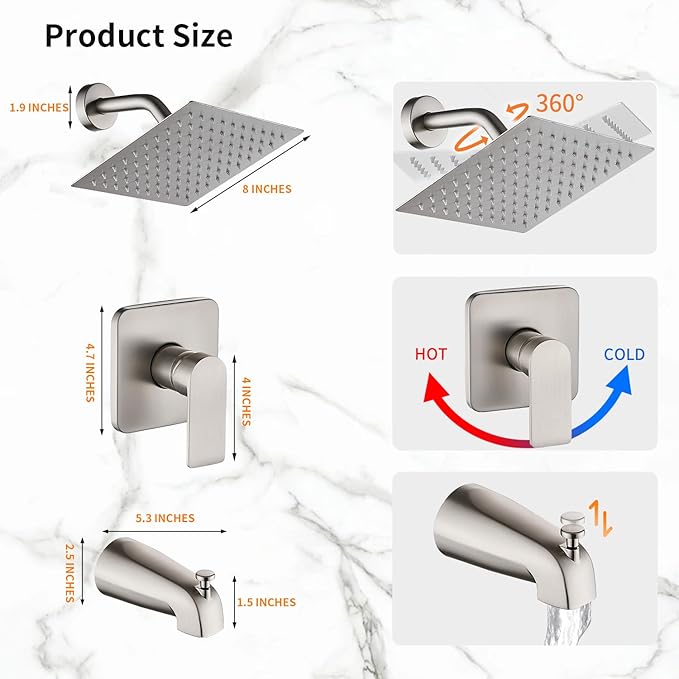 Brushed Nickel Tub Shower Faucet Set Complete with 8-Inch Rainfall Shower Head and Tub Spout Included Shower Valve Tub Shower Trim Kit Brushed Nickel