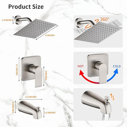 Brushed Nickel Tub Shower Faucet Set Complete with 8-Inch Rainfall Shower Head and Tub Spout Included Shower Valve Tub Shower Trim Kit Brushed Nickel
