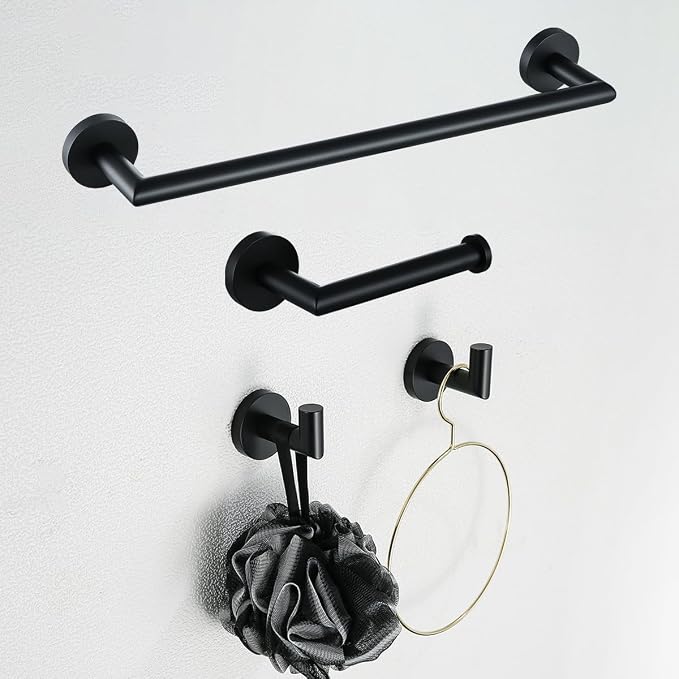 Matte Black Bathroom Hardware Accessories Set 4 Pieces,18 Inch Towel Bar,Toilet Paper Holder,Towel Hooks,SUS 304 Stainless Steel Wall Mounted Bathroom Towel Bar Set,SE96018S-4MB