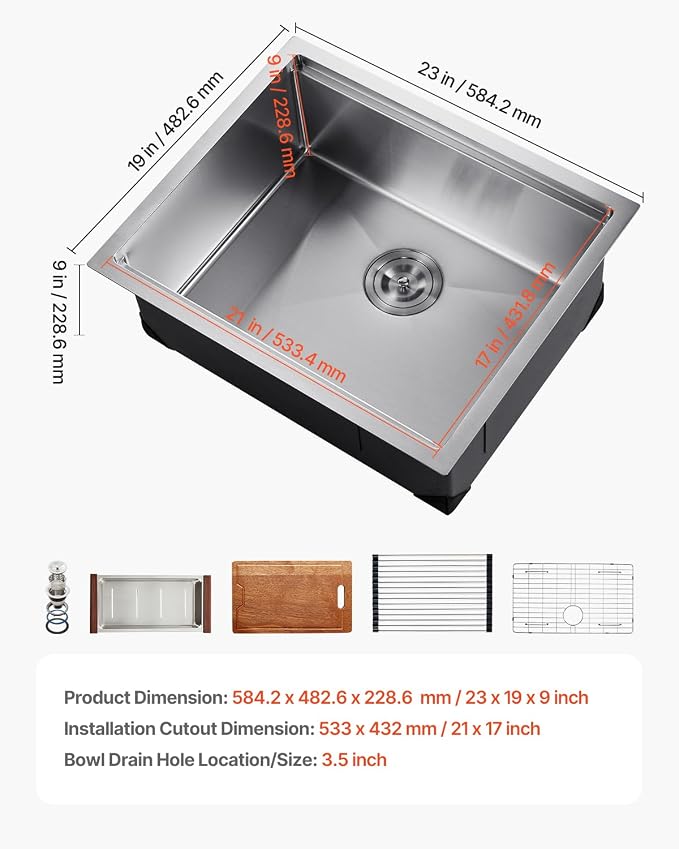 VEVOR 23 inch Kitchen Single Sink, 304 Stainless Steel Undermount Sink Drop-In Single Bowl Farmhouse Basin with Ledge & Multiple Accessories, Household Dishwasher Sinks for Prep Kitchen, Bar 23"*19"