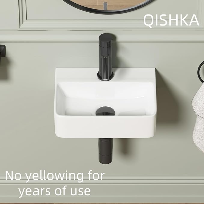 Wall Hung Bathroom Vessel Sink, QISHKA 14.5" X 10" Rectangular Floating Ceramic Wash Hand Basin White Wall Mount Vanity Sink for Small Bathroom and Small Cloakroom
