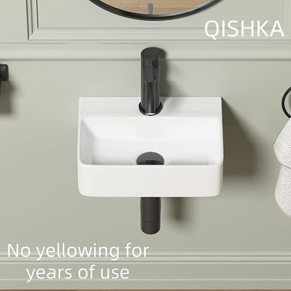 Wall Hung Bathroom Vessel Sink, QISHKA 14.5" X 10" Rectangular Floating Ceramic Wash Hand Basin White Wall Mount Vanity Sink for Small Bathroom and Small Cloakroom