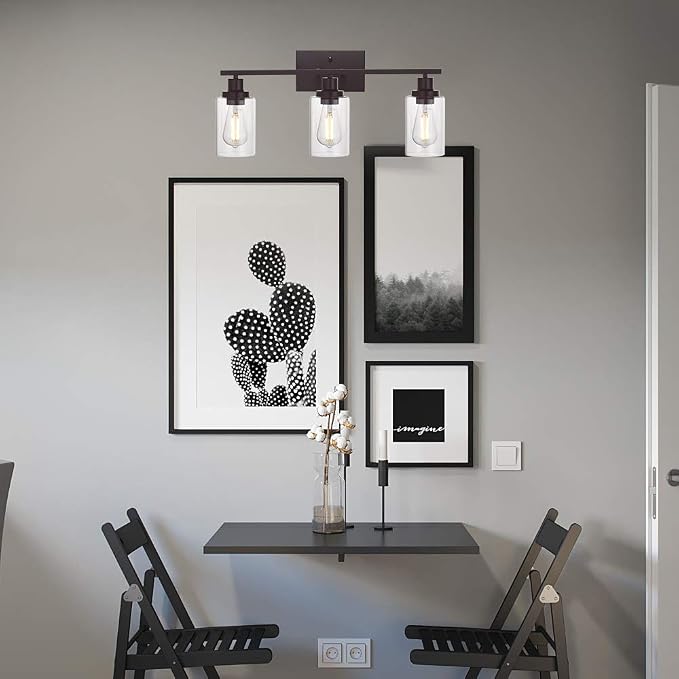 MELUCEE 3 Light Bathroom Vanity Light Oil Rubbed Bronze, Industrial Wall Light Fixture with Clear Glass Shade Sconces for Bedroom Porch Kitchen Living Room (Patent No.: US D963914 S)