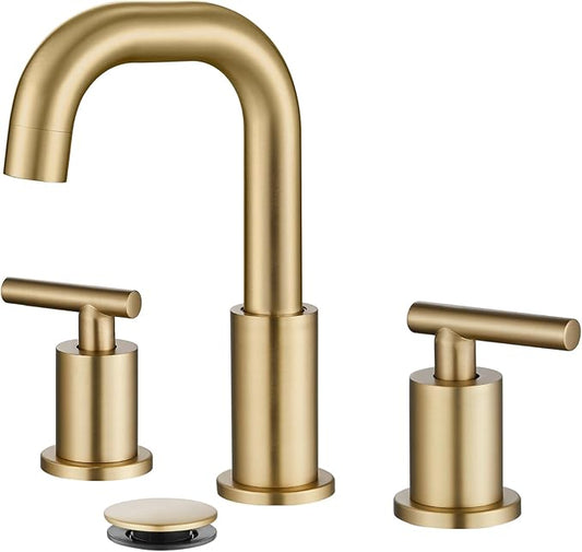 gotonovo 8 Inch Widespread Bathroom Sink Faucet 3 Hole 2 Handles Lavatory Basin with Pop Up Drain with Hot and Cold Mixer Valves Modern Brushed Gold
