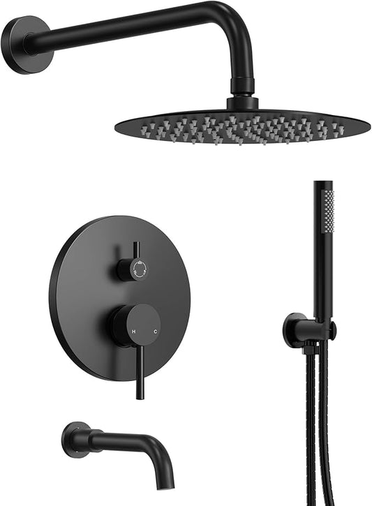 10" High-Pressure Rainfall Shower System with Handheld Spray, Wall Mount Bathroom Shower Faucet Set with Tub Spout (Matte Black)