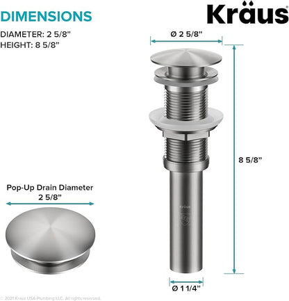 KRAUS Bathroom Sink Pop-Up Drain Assembly in Matte Black for Vessel Sinks and Sinks without Overflow, with Extended Thread for Thicker Countertops, PU-L10MB