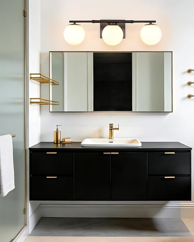 Bathroom Vanity Light Brushed Brass 3T Wall Sconce for Mirror | Modern fixture Globe Glass Shade brightness, elivers even brightness. Sturdy metal resists rust. Dresser Bathroom over Mirror