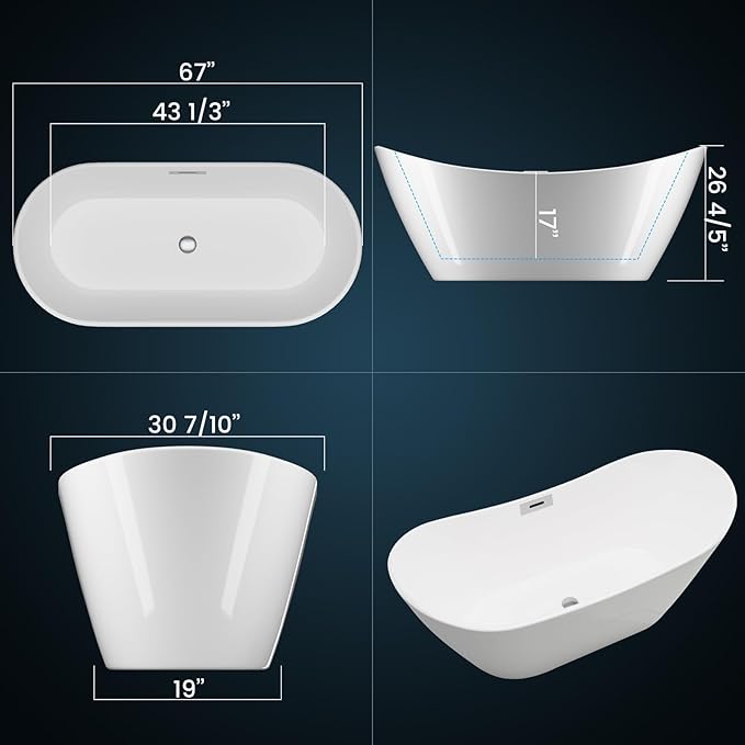 White freestanding bathtub with dimensions labeled on a dark background