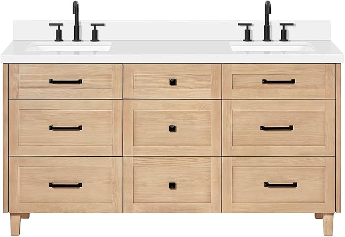 ARIEL Monroe 66-inch Bathroom Vanity with Sink,Solid Wood, 1.5-inch Pure White Quartz Countertop & Backsplash, Double Oval Porcelain Sink, 9 Dovetail Drawers, Matte Black, White Oak