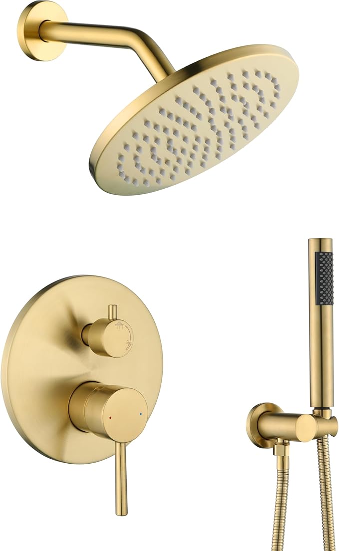 Shower System, All Metal Gold Shower Faucet Set, Brushed Gold | 8" Rainfall Shower Head and Handheld Spray Combo, Round Shower Head and Handle Set with Valve and Trim Kit