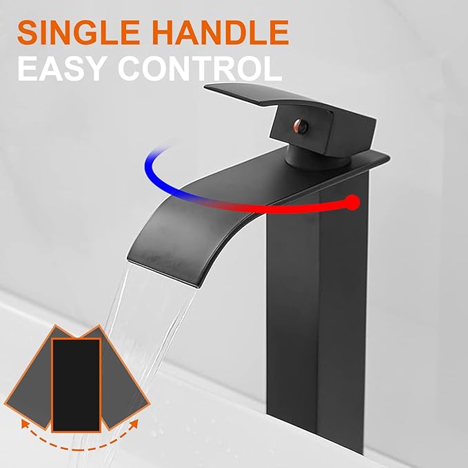 Vessel Sink Faucet Waterfall Bathroom Faucet Matte Black Stainless Steel Tall Single Handle One Hole Deck Mount Bowl Vanity Sink Faucet with Pop-up Drain Stopper