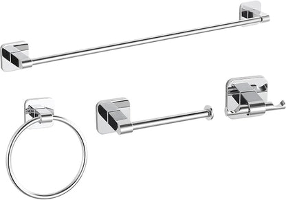 Bathroom Accessories Set, 4 Pieces Bathroom Hardware Set, 24 inch Towel Bar, Towel Racks, Robe Towel Hooks, Toilet Paper Holder Wall Mounted Or Self-Adhesive,Stainless Steel and Plastic (Chrome)