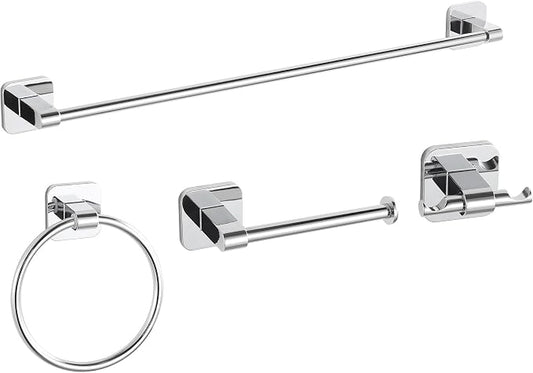 Bathroom Accessories Set, 4 Pieces Bathroom Hardware Set, 24 inch Towel Bar, Towel Racks, Robe Towel Hooks, Toilet Paper Holder Wall Mounted Or Self-Adhesive,Stainless Steel and Plastic (Chrome)