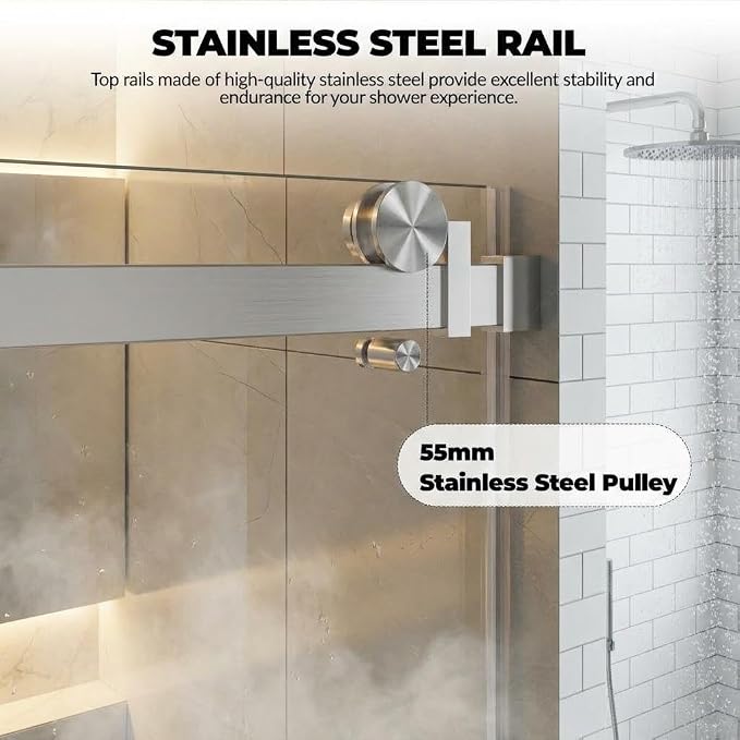 Sliding Shower Door, Frameless 56"-60" W x 76" H with 5/16" Clear Tempered Glass & Explosion-Proof Film, Brushed Nickel Finish, Includes Handle & Seal Strip