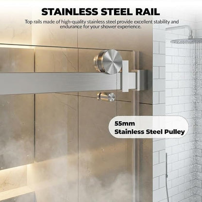 Sliding Shower Door, Frameless 56"-60" W x 76" H with 5/16" Clear Tempered Glass & Explosion-Proof Film, Brushed Nickel Finish, Includes Handle & Seal Strip