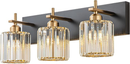 Modern Crystal Bathroom Vanity Lights, 3-Lights Black Gold Bathroom Light Fixtures Over Mirror, Crystal Vanity Light with Polished Gold Finish(Exclude Bulb)