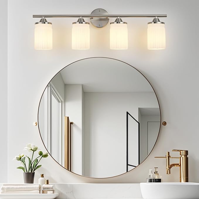 Jonsi Nickel Bathroom Light Fixtures 4-Light Vanity Lights Modern Wall Sconce with Milk White Shade Brushed Nickel Bathroom Light Fixture Over Mirror for Bedroom Hallway Kitchen