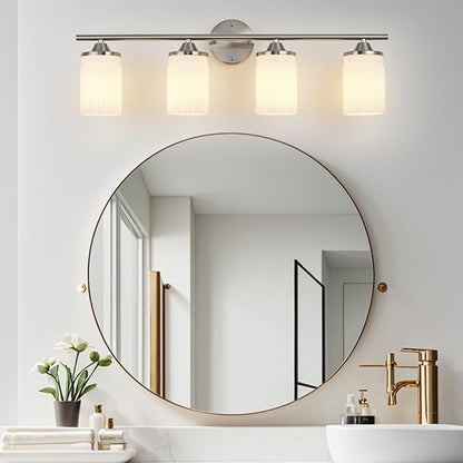 Jonsi Nickel Bathroom Light Fixtures 4-Light Vanity Lights Modern Wall Sconce with Milk White Shade Brushed Nickel Bathroom Light Fixture Over Mirror for Bedroom Hallway Kitchen