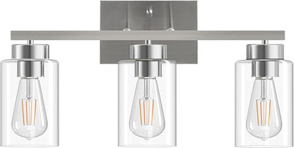 PARTPHONER 3-Light Bathroom Light Fixtures, Brushed Nickel Vanity Light with Clear Glass Shade, Modern Wall Sconce for Mirror Bedroom Living Room Hallway Lighting