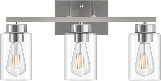 PARTPHONER 3-Light Bathroom Light Fixtures, Brushed Nickel Vanity Light with Clear Glass Shade, Modern Wall Sconce for Mirror Bedroom Living Room Hallway Lighting