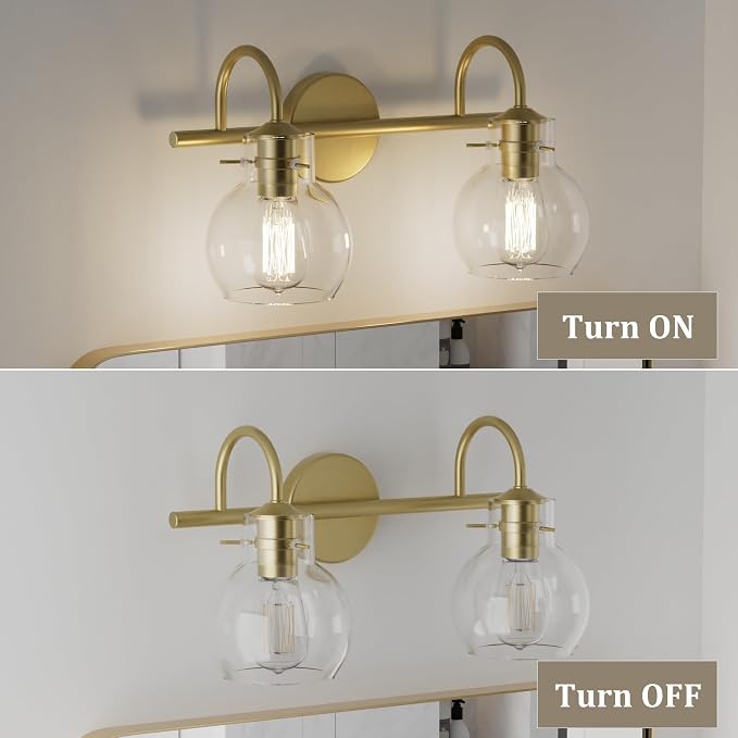 2 Lights Bathroom Vanity Light Fixtures Over Mirror Modern Gold | Wall Sconce,Elegant Globe Glass Shades,E26 Base,UL Certified,Anti-Rust,Damp Rated,Painted,Bedroom Living Room Entryway