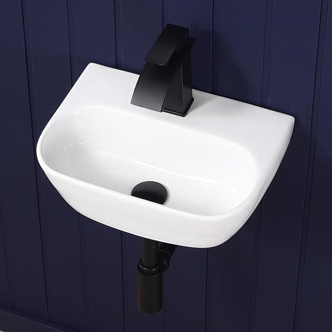 Small Vessel Sink 17"x12" Wall Mount Bathroom Sink Wall Mounted Oval Wall Hung Mini White Porcelain Ceramic Floating Tiny Sink,Easy Install, Durable, Space-Saving, Ideal for Home,RV