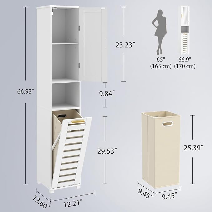 VECELO Tall Bathroom Storage Cabinet with Mirror and Hidden Basket, Freestanding Slim Organizer with Adjustable Shelves and Shutter Door, for Laundry Room Bathroom, White