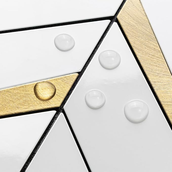 DICOFUN Polished White PVC Mixed Metal Gold Herringbone Tile Peel and Stick Backsplash, Stick on Backsplash for Kitchen and Bathroom Wall