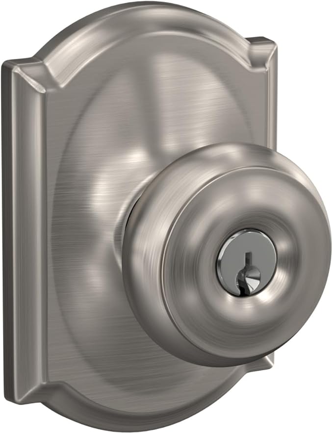 SCHLAGE F51A GEO 619 CAM Georgian Knob with Camelot Trim Keyed Entry Lock, Satin Nickel